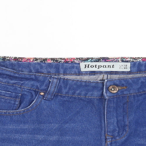 New Look Womens Blue Floral Cotton Hot Pants Shorts Size 12 Regular Zip