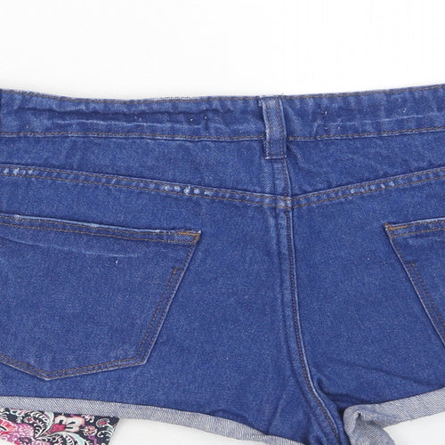 New Look Womens Blue Floral Cotton Hot Pants Shorts Size 12 Regular Zip
