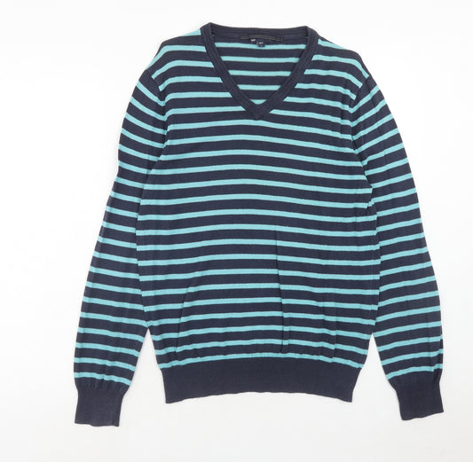 Gap Mens Blue V-Neck Striped Cotton Pullover Jumper Size M Long Sleeve