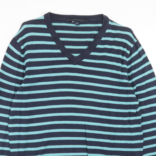 Gap Mens Blue V-Neck Striped Cotton Pullover Jumper Size M Long Sleeve