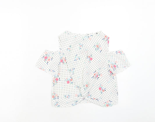 Primark Girls White Polka Dot Polyester Basic Blouse Size 9-10 Years Round Neck Button - Floral Cold Shoulder