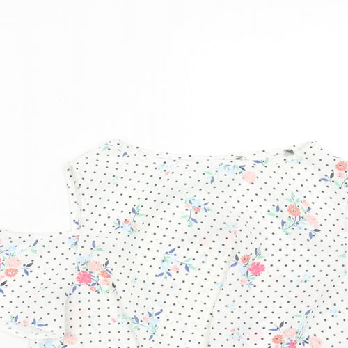 Primark Girls White Polka Dot Polyester Basic Blouse Size 9-10 Years Round Neck Button - Floral Cold Shoulder