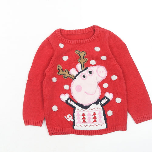 Nutmeg Girls Red Round Neck Cotton Pullover Jumper Size 2-3 Years Button - Peppa Pig Christmas