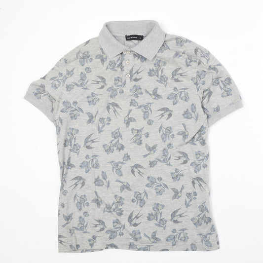 Cedar Wood State Mens Grey Floral Cotton Polo Size L Collared Button - Bird Pattern