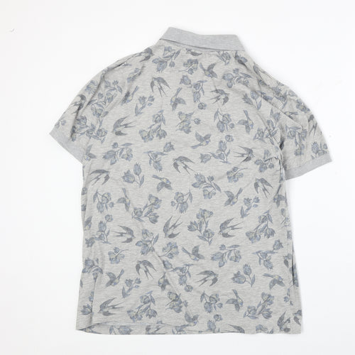 Cedar Wood State Mens Grey Floral Cotton Polo Size L Collared Button - Bird Pattern