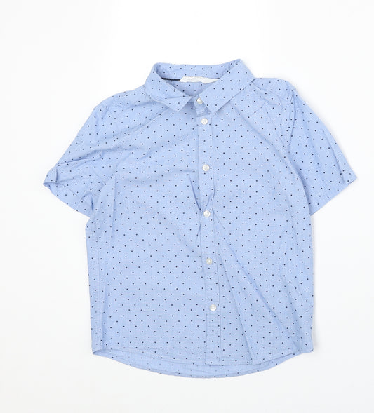 H&M Boys Blue Polka Dot Cotton Basic Button-Up Size 7-8 Years Collared Button