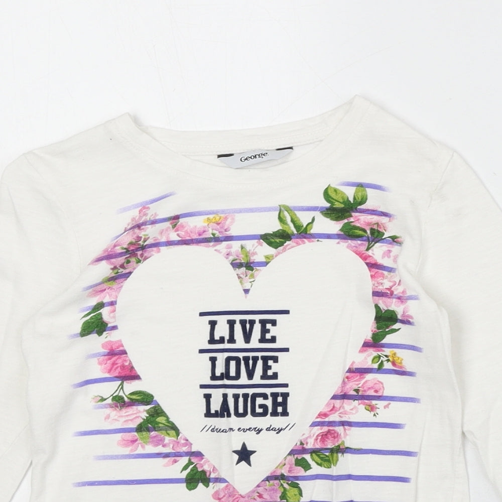 George Girls White 100% Cotton Basic T-Shirt Size 7-8 Years Round Neck Pullover - Live Laugh Love