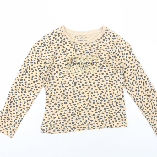 Primark Girls Beige Geometric Cotton Basic T-Shirt Size 6-7 Years Round Neck Pullover - Always Be Kind