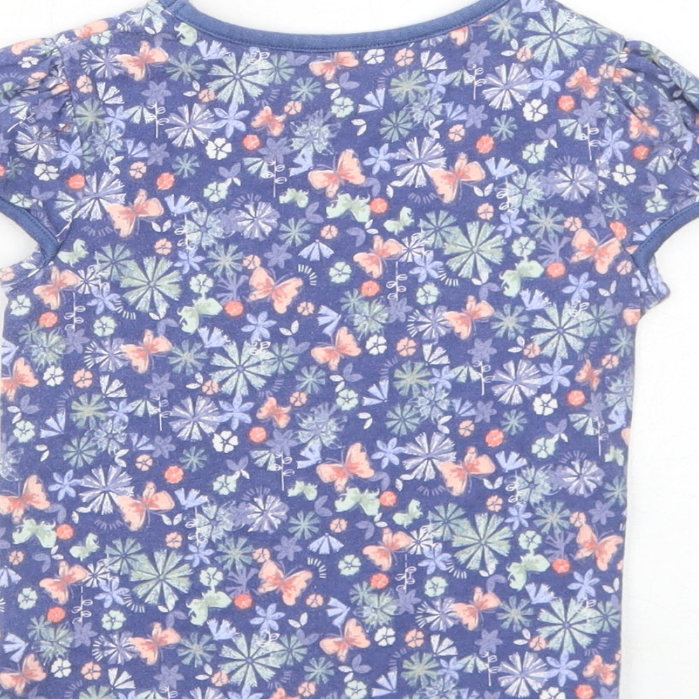 George Girls Blue Floral Cotton Basic T-Shirt Size 2-3 Years Roll Neck Pullover