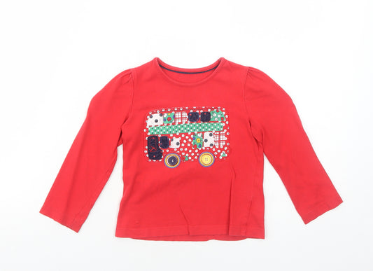 Mothercare Girls Red Cotton Basic T-Shirt Size 2-3 Years Round Neck Pullover - Bus