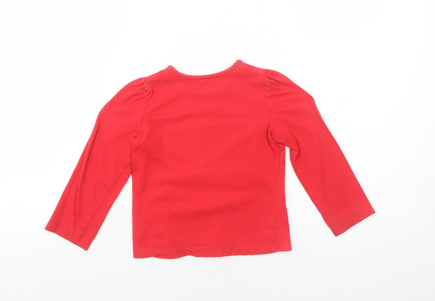 Mothercare Girls Red Cotton Basic T-Shirt Size 2-3 Years Round Neck Pullover - Bus