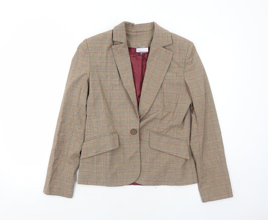 Preworn Womens Brown Plaid Polyester Jacket Blazer Size 10