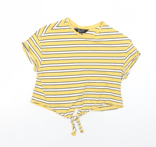 New Look Girls Yellow Striped Cotton Basic T-Shirt Size 10-11 Years Round Neck Pullover - Knot Front
