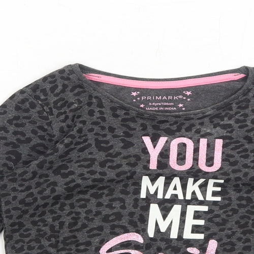 Primark Girls Grey Animal Print Cotton Basic T-Shirt Size 3-4 Years Round Neck Pullover - You Make Me Smile Leopard Print