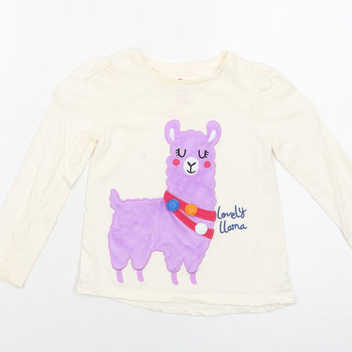 TU Girls Ivory Cotton Basic T-Shirt Size 3-4 Years Round Neck Pullover - Llama