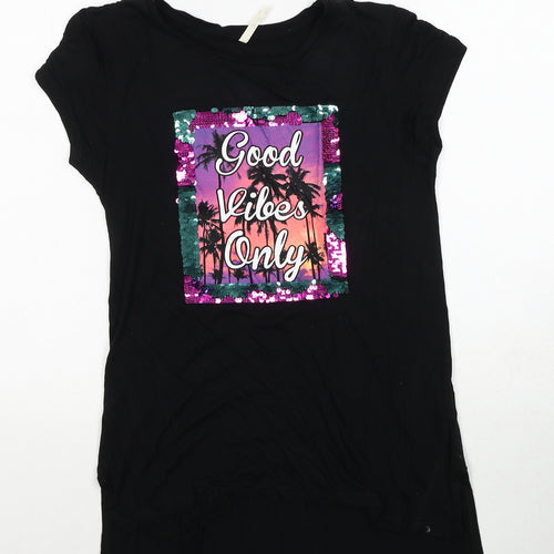Young Dimension Girls Black Viscose Basic T-Shirt Size 12-13 Years Round Neck Pullover - Good Vibes Only
