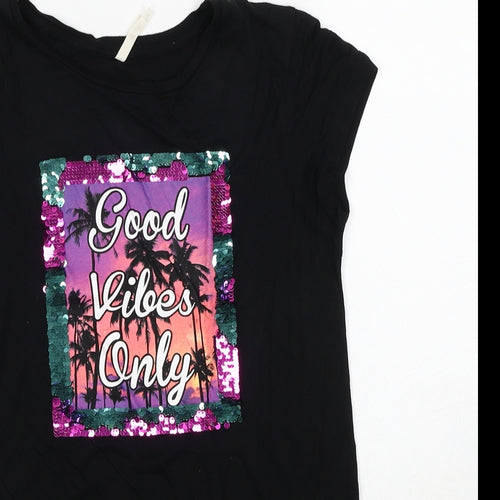Young Dimension Girls Black Viscose Basic T-Shirt Size 12-13 Years Round Neck Pullover - Good Vibes Only