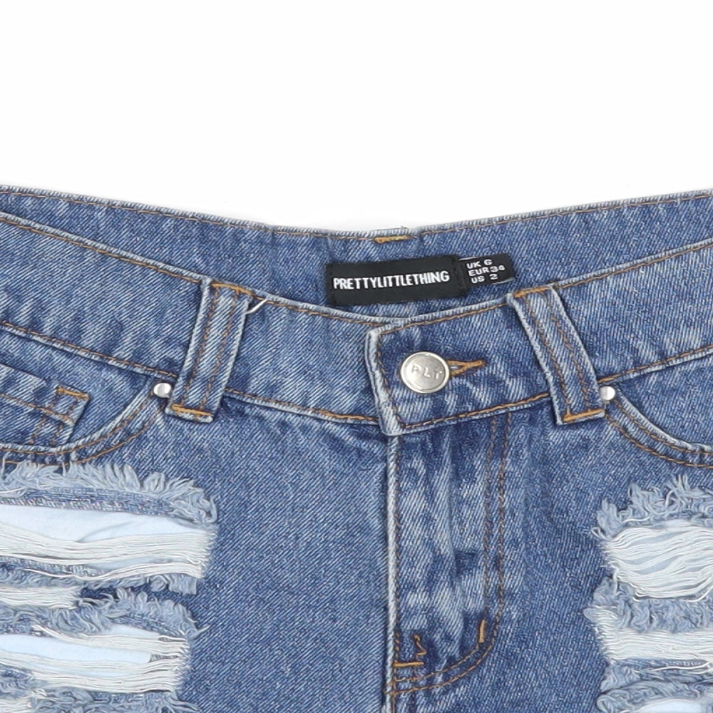 PRETTYLITTLETHING Womens Blue Cotton Cut-Off Shorts Size 6 Regular Zip