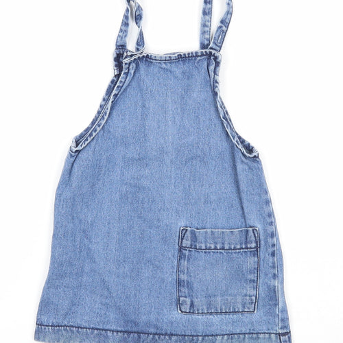 NEXT Girls Blue Cotton Pinafore/Dungaree Dress Size 2-3 Years Square Neck Pullover