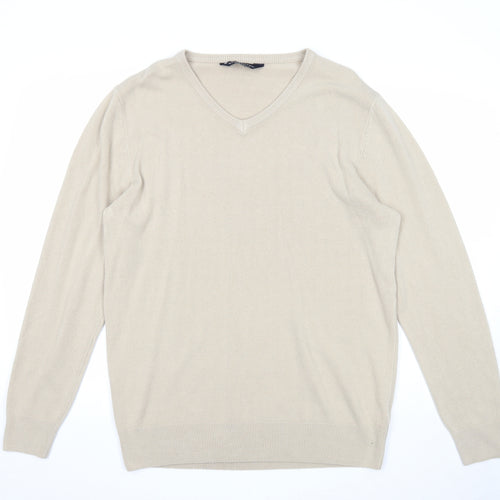 Kensington Mens Beige V-Neck Acrylic Pullover Jumper Size XL Long Sleeve