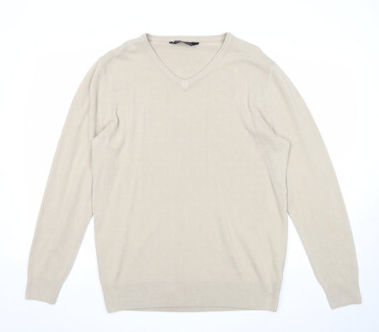 Kensington Mens Beige V-Neck Acrylic Pullover Jumper Size XL Long Sleeve