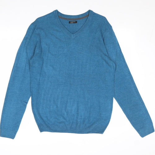 M&Co Mens Blue V-Neck Acrylic Pullover Jumper Size S Long Sleeve