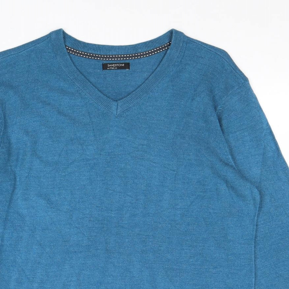M&Co Mens Blue V-Neck Acrylic Pullover Jumper Size S Long Sleeve