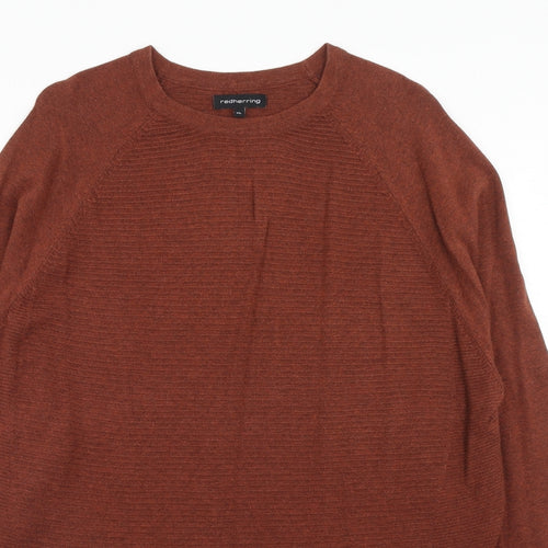 Red Herring Mens Brown Round Neck Cotton Pullover Jumper Size XL Long Sleeve