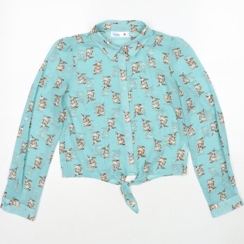 M&Co Girls Blue Geometric Polyester Basic Button-Up Size 11-12 Years Collared Button - Rabbit Knot Front