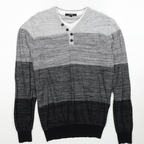 George Mens Grey V-Neck Striped Cotton Pullover Jumper Size S Long Sleeve
