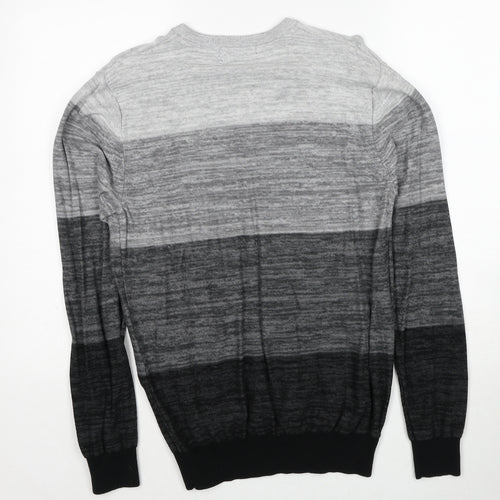 George Mens Grey V-Neck Striped Cotton Pullover Jumper Size S Long Sleeve