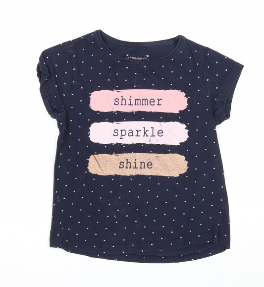 Primark Girls Blue Polka Dot Cotton Basic T-Shirt Size 9-10 Years Round Neck Pullover - Shimmer Sparkle Shine
