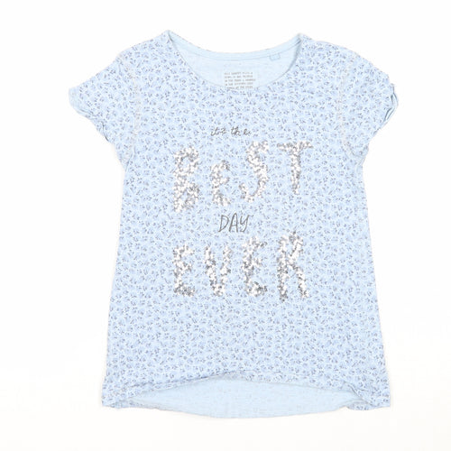 NEXT Girls Blue Floral Cotton Basic T-Shirt Size 7 Years Round Neck Pullover - It's The Best Day Ever
