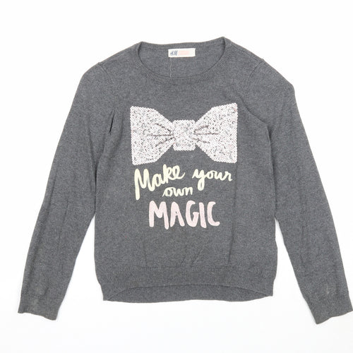 H&M Girls Grey Round Neck Cotton Pullover Jumper Size 7-8 Years Pullover - Make Your Own Magic