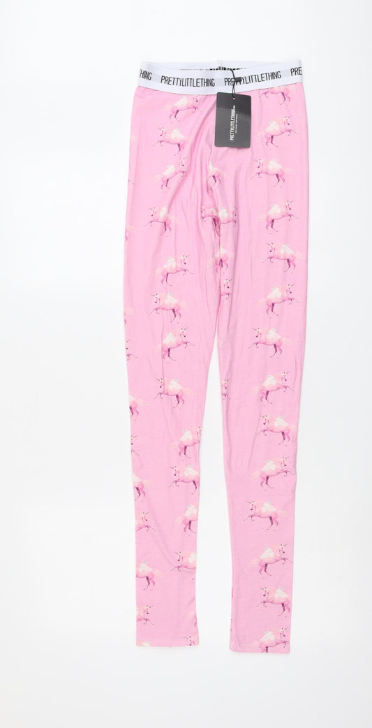 PRETTYLITTLETHING Womens Pink Geometric Cotton Chino Leggings Size 6 L30 in - Unicorn