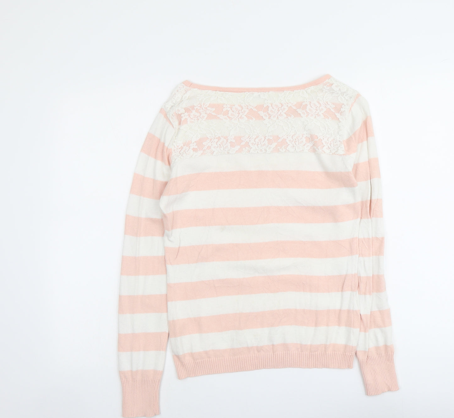 Nicole Womens Pink Round Neck Striped Cotton Pullover Jumper Size M - Lace Detail