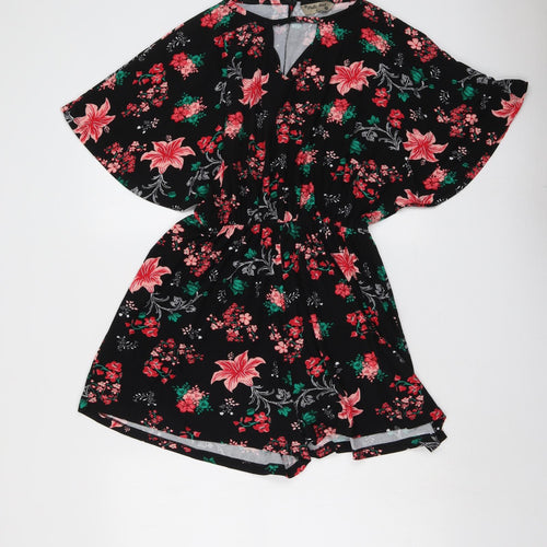 Poetic Soul Womens Black Floral Polyester Playsuit One-Piece Size M Button - Angel Sleeve