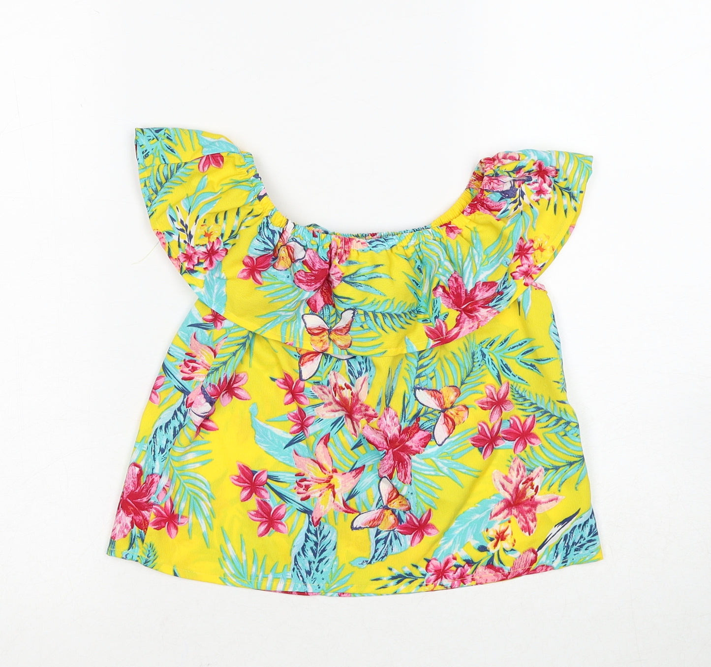 Primark Girls Yellow Floral Polyester Basic Blouse Size 8-9 Years Round Neck Pullover - Tropical Print