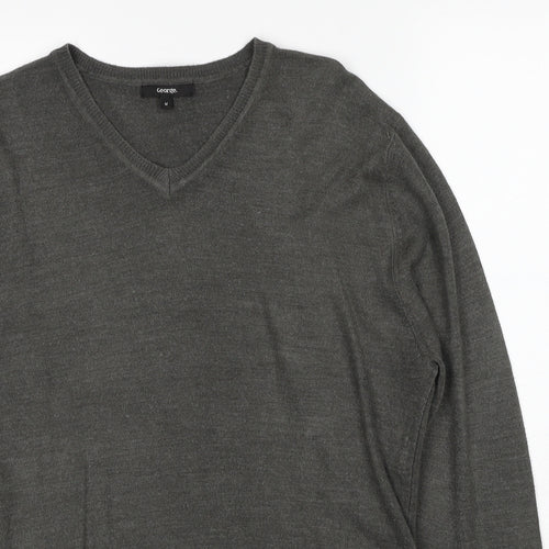 George Mens Grey V-Neck Acrylic Pullover Jumper Size M Long Sleeve