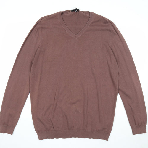 New Look Mens Brown V-Neck Cotton Pullover Jumper Size XL Long Sleeve