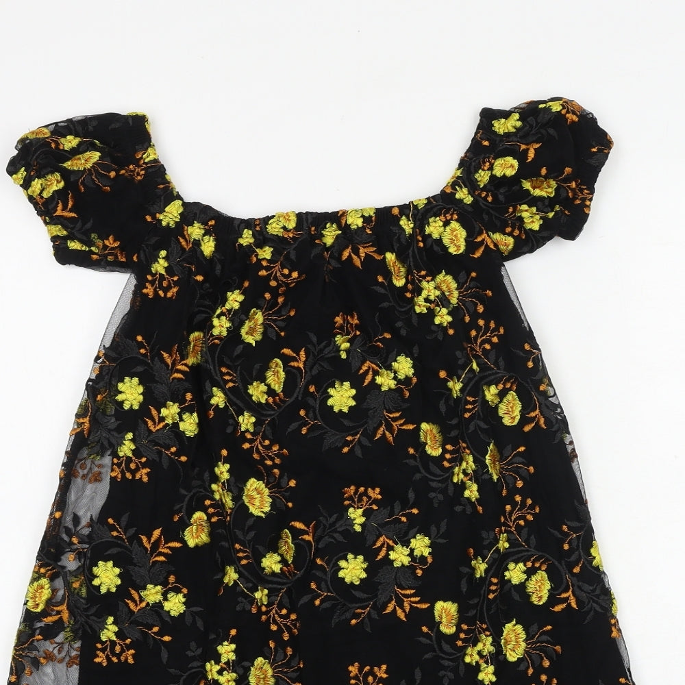 Pins & Needles Womens Black Floral Nylon Trapeze & Swing Size XS Off the Shoulder Pullover