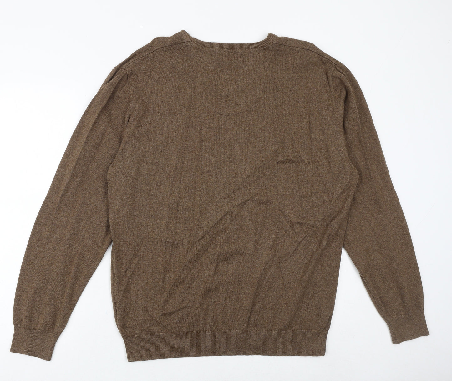 Greenwoods Mens Brown V-Neck Cotton Pullover Jumper Size XL Long Sleeve
