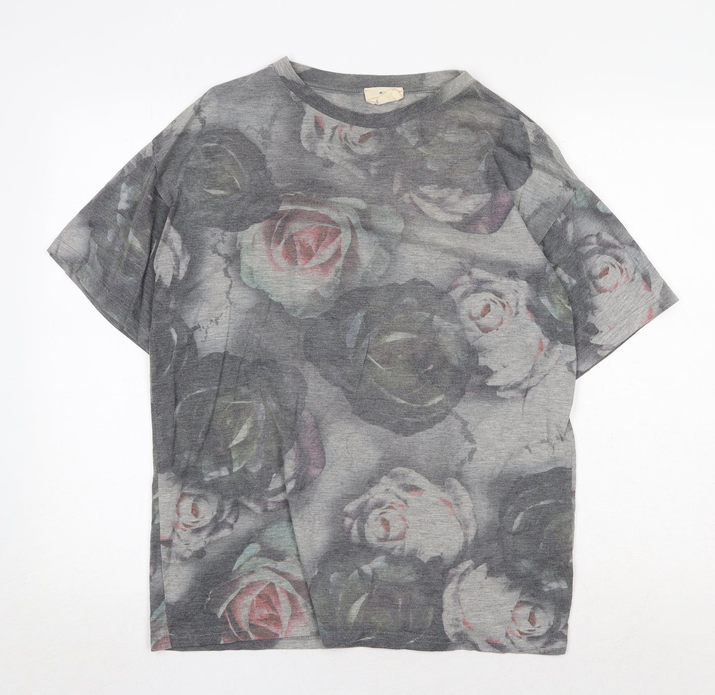 Pins & Needles Womens Grey Floral Polyester Basic T-Shirt Size S Round Neck - Roses