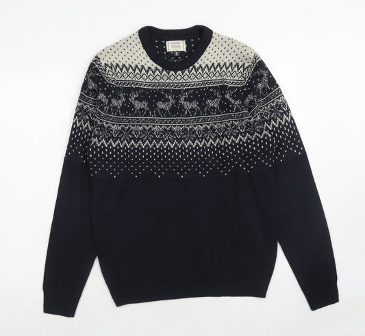George Mens Blue Round Neck Fair Isle Acrylic Pullover Jumper Size S Long Sleeve - Reindeer Christmas