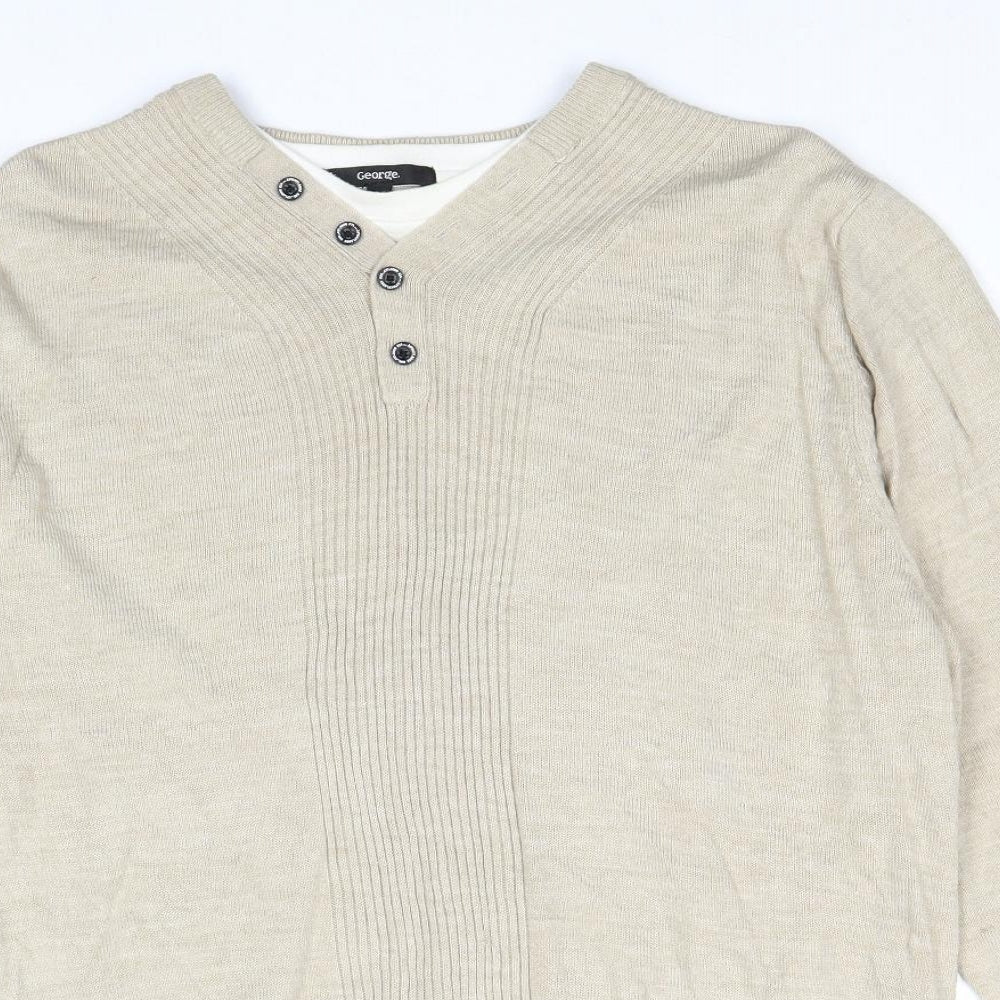 George Mens Beige Round Neck Acrylic Pullover Jumper Size L Long Sleeve