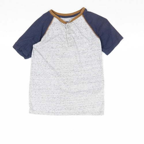 H&M Boys Grey Colourblock Cotton Basic T-Shirt Size 8-9 Years Round Neck Button
