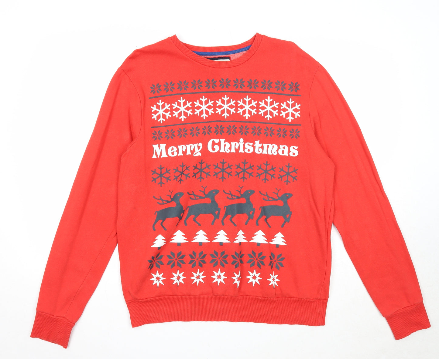 Preworn Mens Red Fair Isle Cotton Pullover Sweatshirt Size L - Merry Christmas