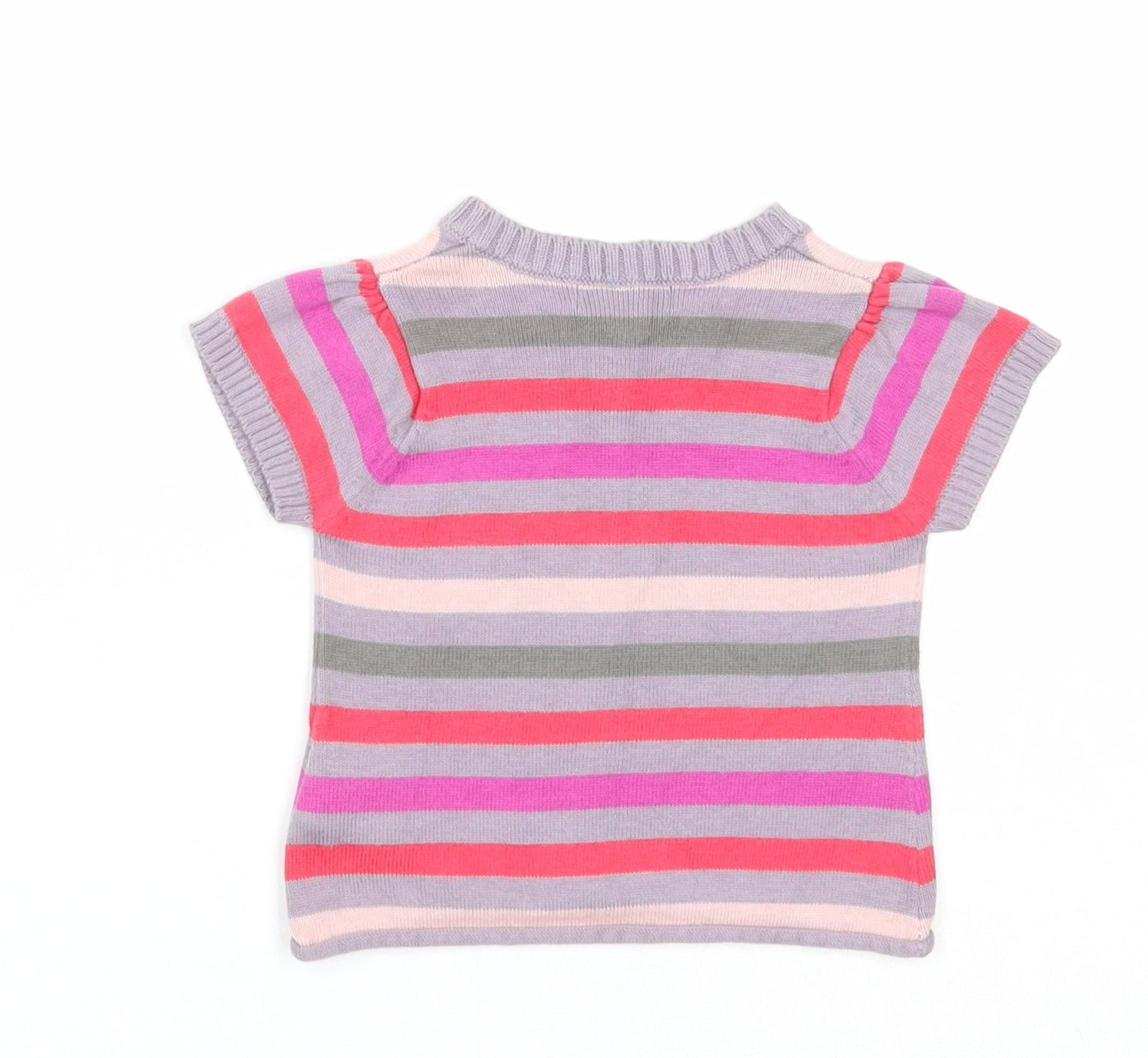 Vertbaudet Girls Multicoloured Striped Cotton Basic T-Shirt Size 3-6 Months Round Neck Button