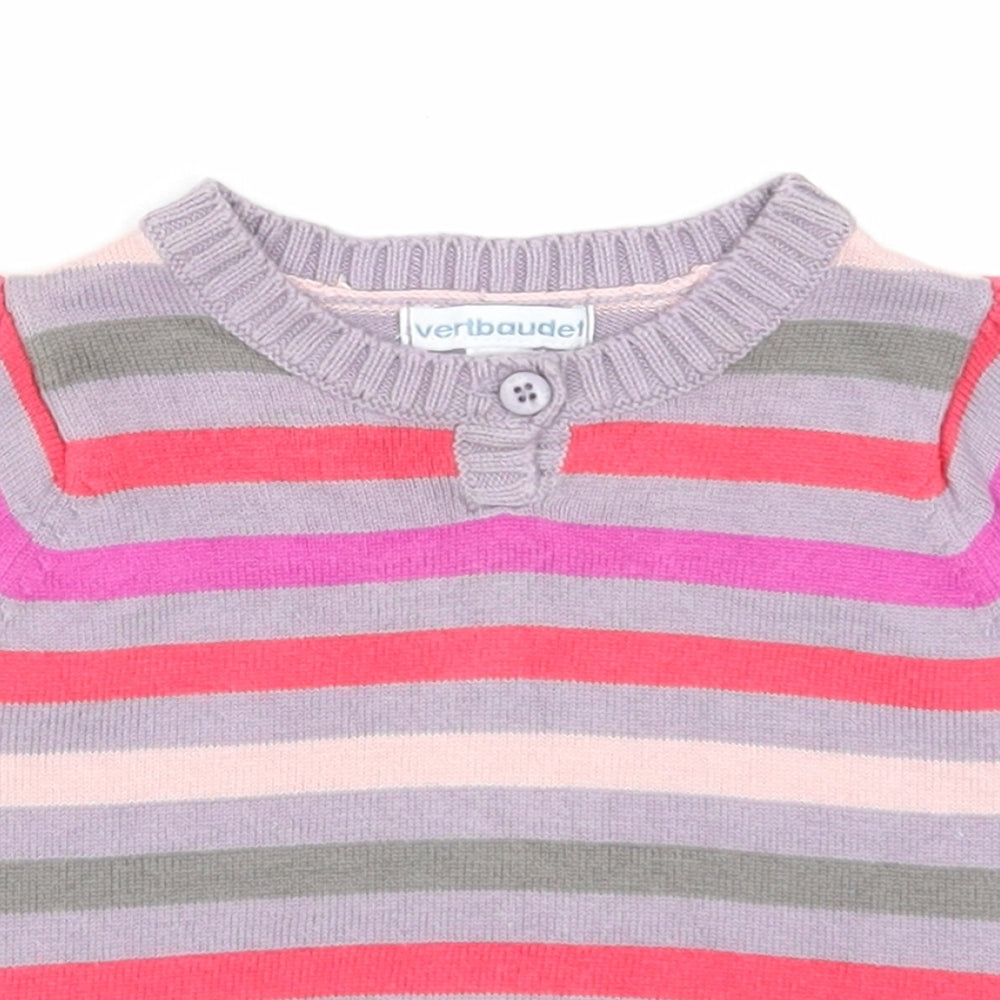 Vertbaudet Girls Multicoloured Striped Cotton Basic T-Shirt Size 3-6 Months Round Neck Button