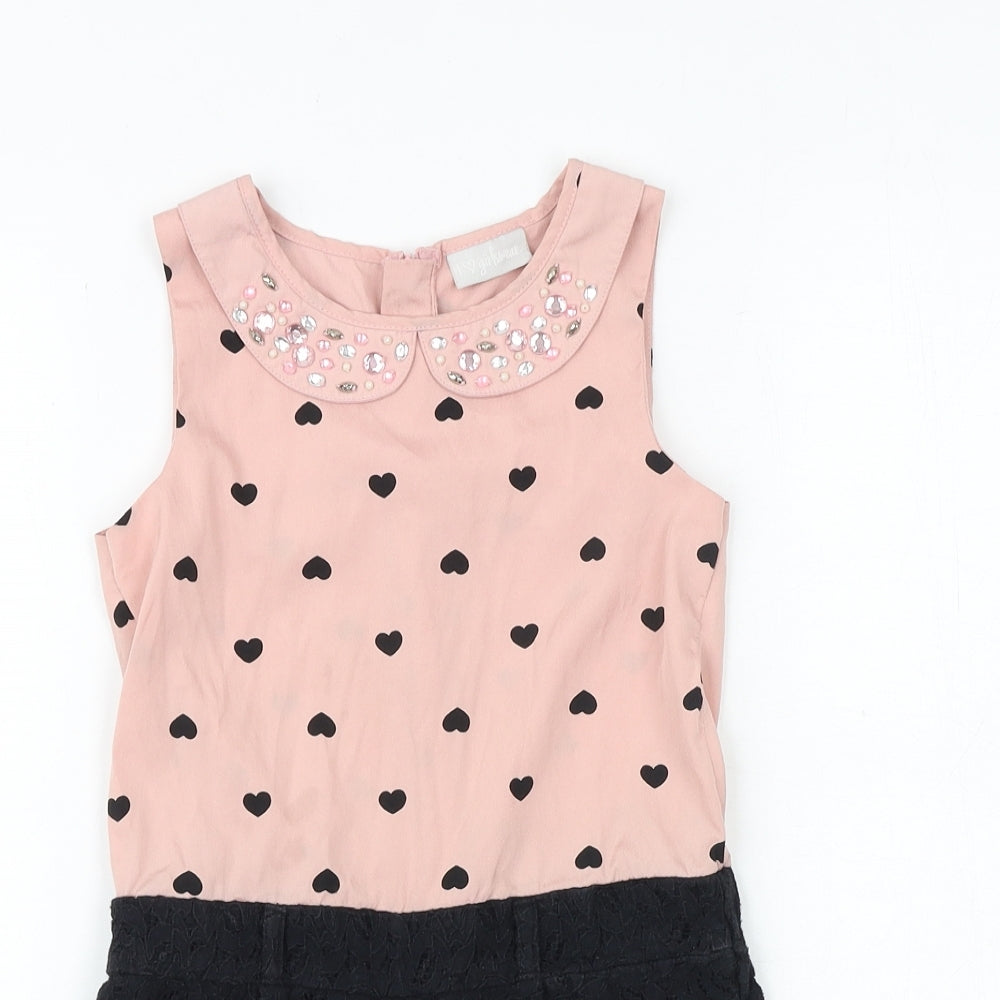 NEXT Girls Pink Geometric Cotton Romper One-Piece Size 7 Years Zip - Heart Pattern